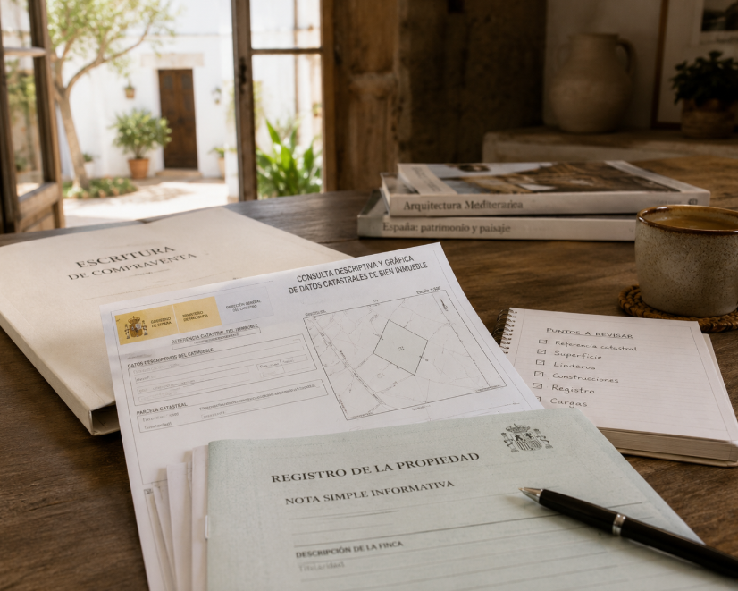Spanish property paperwork including Catastro and Property Registry documents laid out on a wooden table before buying a property in Spain.