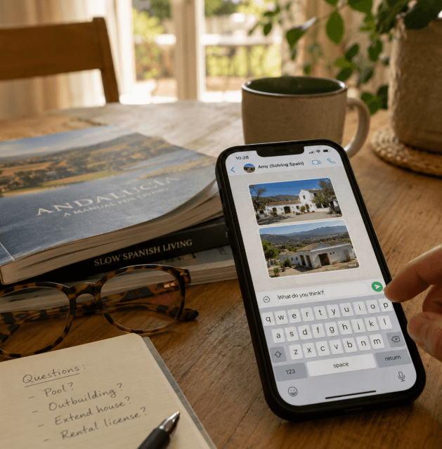 WhatsApp conversation showing photographs of a rural Andalusian property as a buyer asks for advice before purchasing a finca in Spain