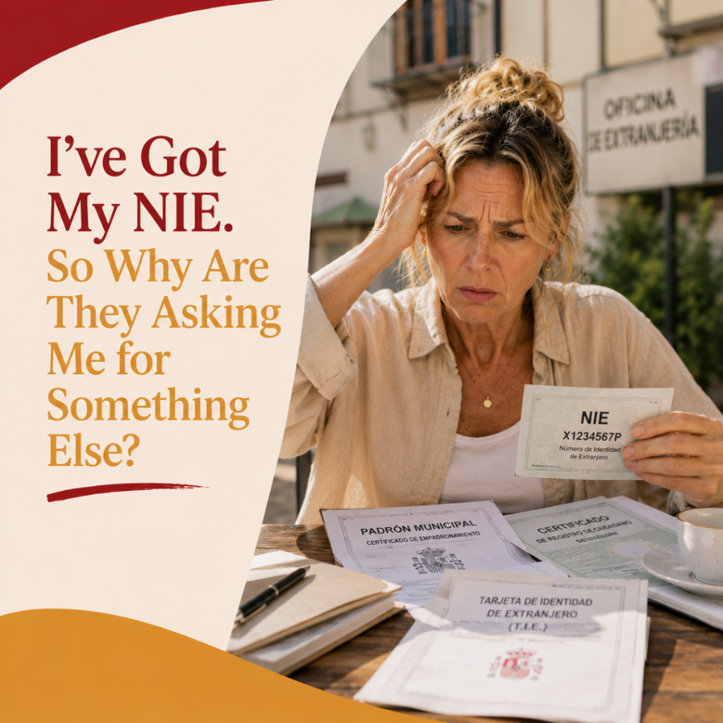 Woman in Spain looking confused while comparing her NIE with other Spanish residency and administrative documents.