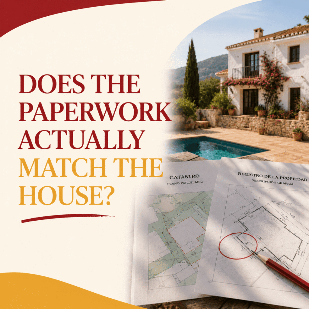 Spanish property with Catastro and Property Registry plans being compared to check whether the paperwork matches the house.