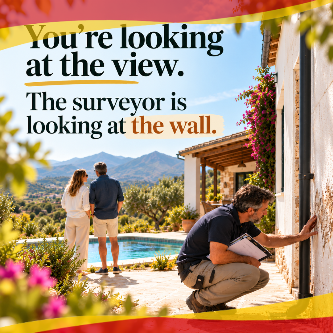Property surveyor inspecting the exterior wall of a Spanish home while prospective buyers admire the house and mountain view.