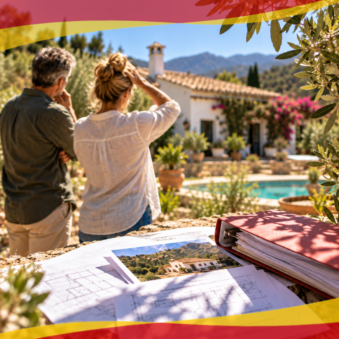 Rural property owners reviewing paperwork before selling their home in Andalucía.